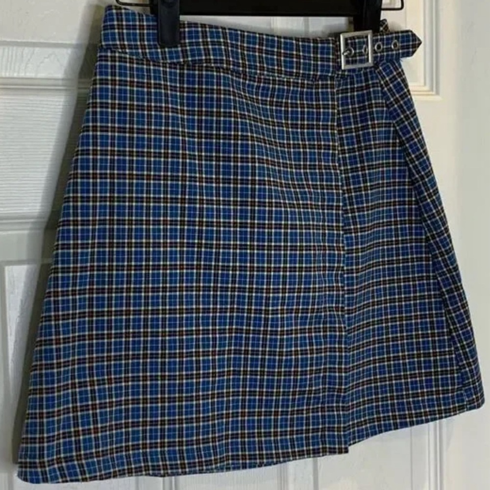 Brandy Melville Emerson Plaid Belted Wrap Skirt Blue